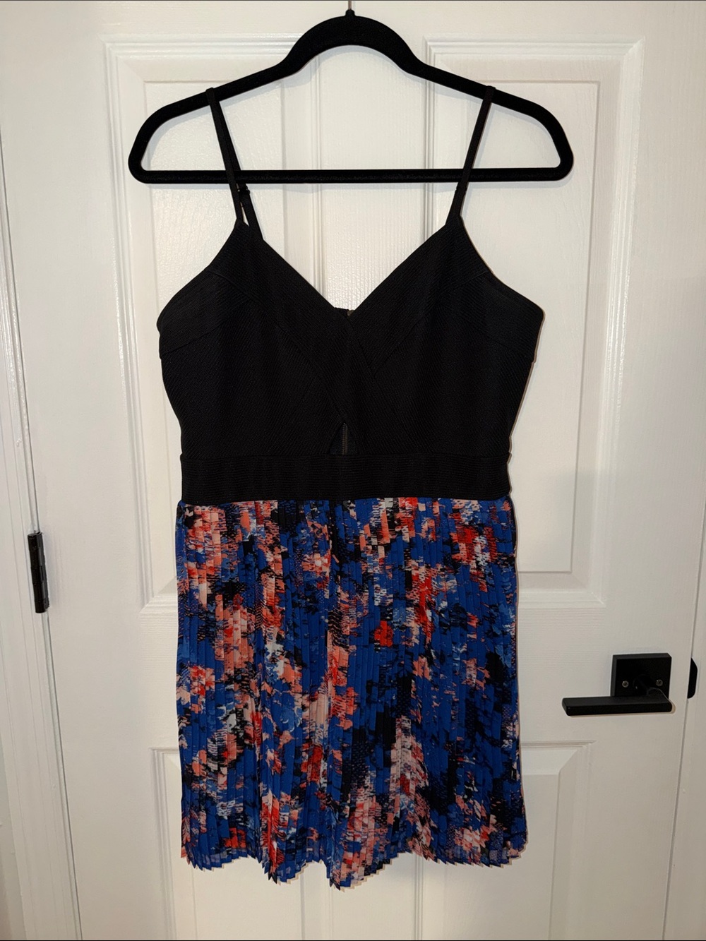 Material Girl Black Bodice with Blue & Red Floral Pleated Mini Dress